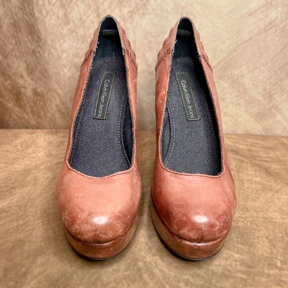 Calvin Jeans Hillary High Heel Platform Wedge Studded Heels Dusty Maroon McBling - Picture 10 of 11